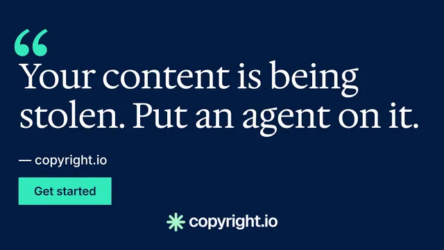 Landscape graphic for copyright.io: "Reposts don't remove themselves." Swiss style, quote layout, dark palette in blue.