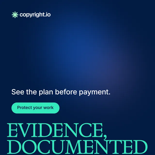 Instagram post for copyright.io: "Evidence, documented." Y2K style, oversized layout, dark palette in blue.