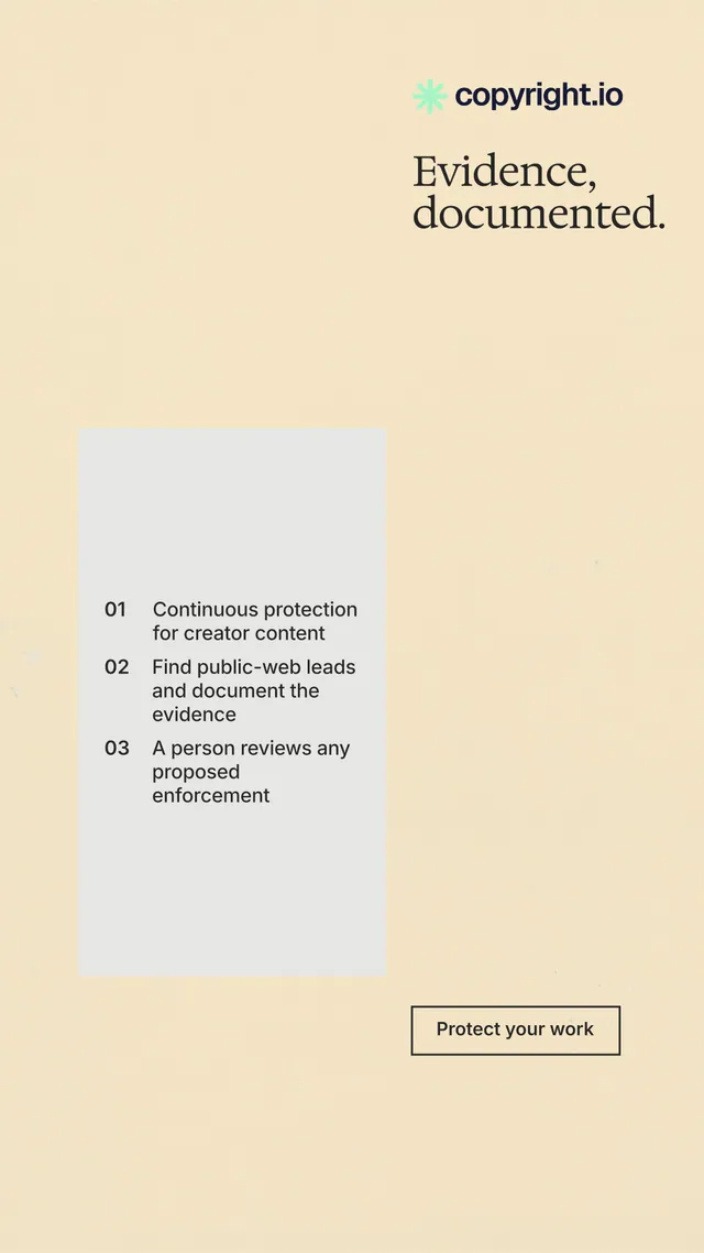 Instagram story for copyright.io: "Evidence, documented." Editorial style, skeleton layout, light palette in orange, yellow, white.