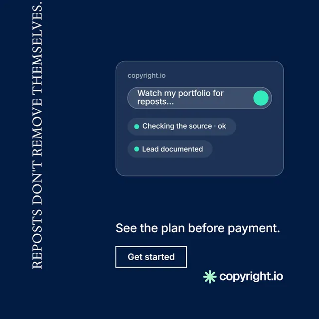 Instagram post for copyright.io: "Reposts don't remove themselves." Editorial style, vertical layout, dark palette in blue.