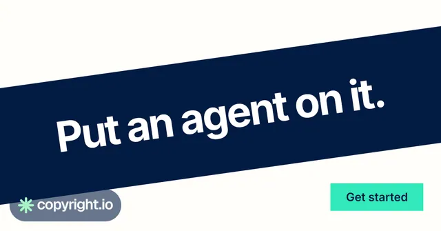 Social ad for copyright.io: "Put an agent on it." Swiss style, diagonal layout, light palette in white, blue, teal.