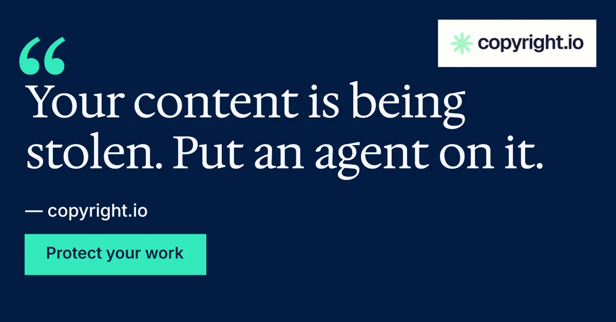 Social ad for copyright.io: "Protect your work." Swiss style, quote layout, dark palette in blue.