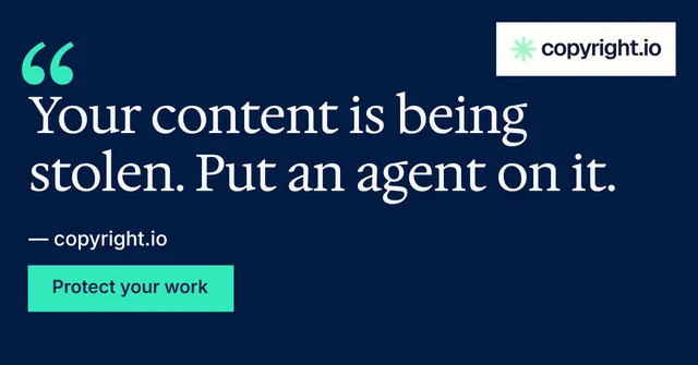 Social ad for copyright.io: "Protect your work." Swiss style, quote layout, dark palette in blue.