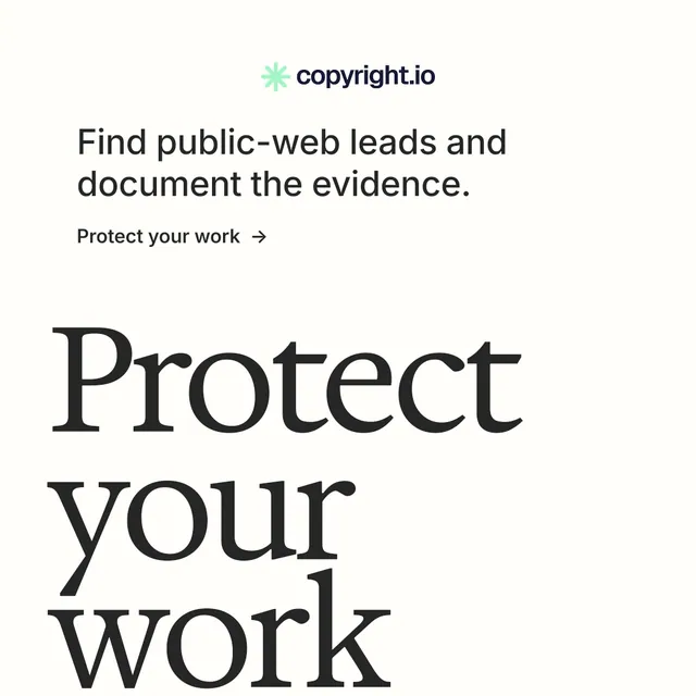 Instagram post for copyright.io: "Your content is being stolen." Minimal luxury style, oversized layout, light palette in white, grey.
