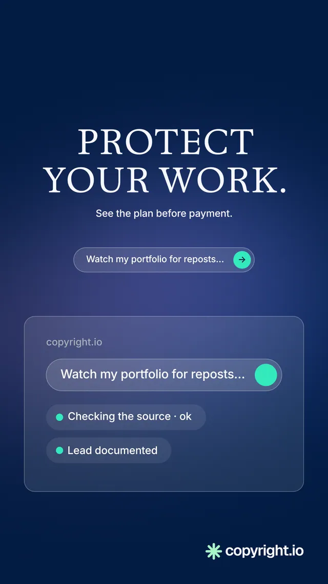 Instagram story for copyright.io: "Protect your work." Agentic glass style, centred layout, dark palette in blue.