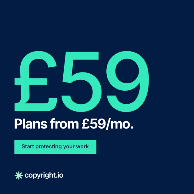 Instagram post for copyright.io: "Your content is being stolen." Swiss style, stat layout, dark palette in blue, teal.