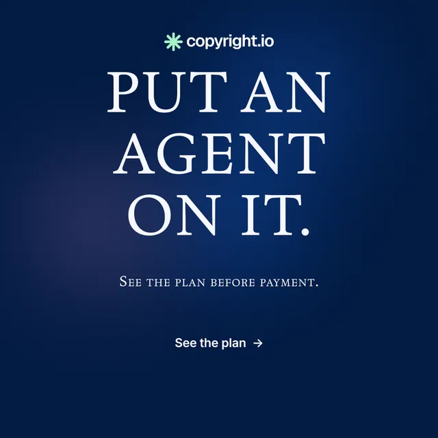 Instagram post for copyright.io: "Put an agent on it." Agentic glass style, smallcaps layout, dark palette in blue.