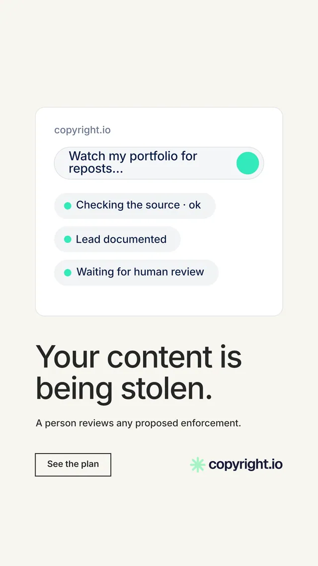 Instagram story for copyright.io: "Your content is being stolen." Editorial style, bottom layout, light palette in white.