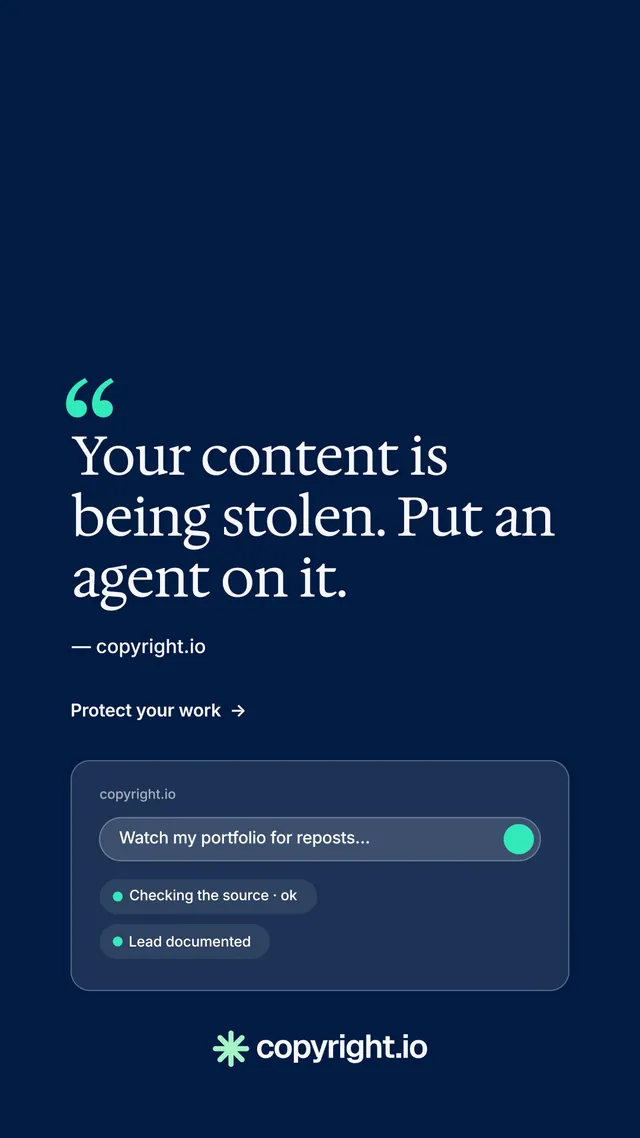 Instagram story for copyright.io: "Evidence, documented." Minimal luxury style, quote layout, dark palette in blue.