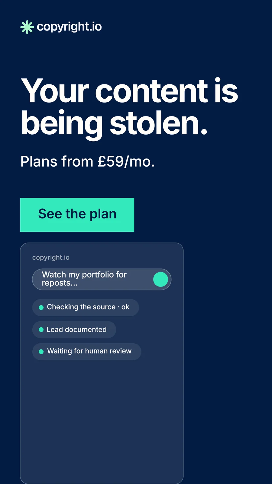 Instagram story for copyright.io: "Your content is being stolen." Swiss style, skeleton layout, dark palette in blue.