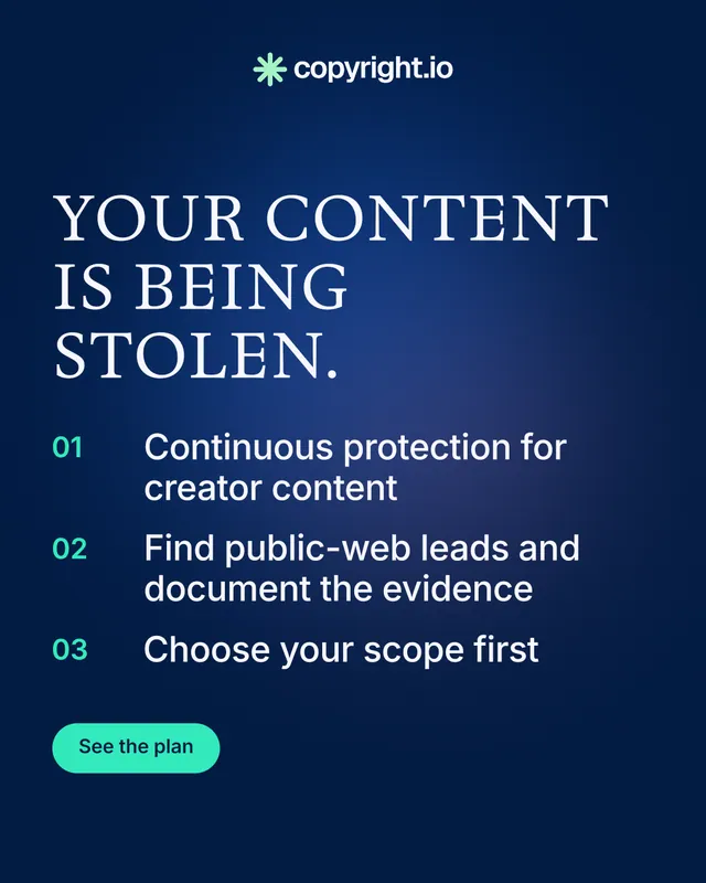 Instagram portrait post for copyright.io: "Your content is being stolen." Y2K style, numbered layout, dark palette in blue.