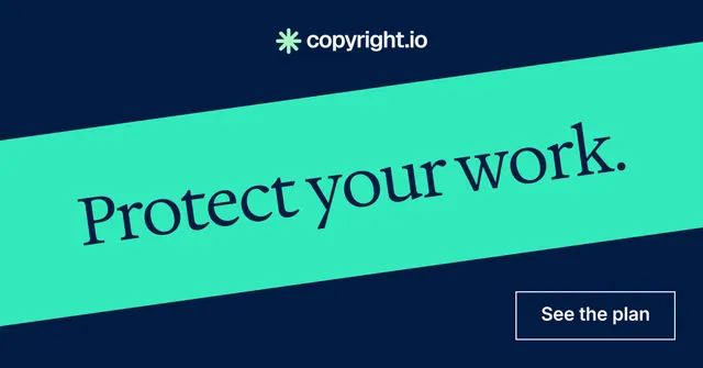 Social ad for copyright.io: "Protect your work." Editorial style, diagonal layout, dark palette in teal, blue.