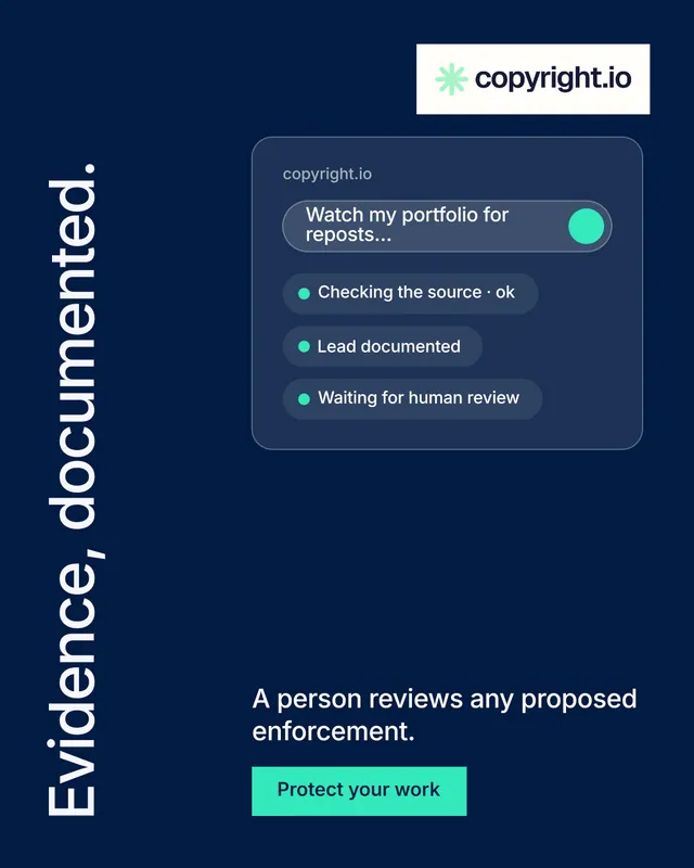 Instagram portrait post for copyright.io: "Evidence, documented." Split block style, vertical layout, dark palette in blue.