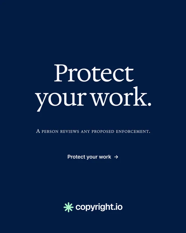 Instagram portrait post for copyright.io: "Protect your work." Editorial style, smallcaps layout, dark palette in blue.