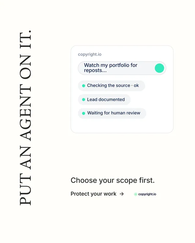 Instagram portrait post for copyright.io: "Put an agent on it." Minimal luxury style, vertical layout, light palette in white.