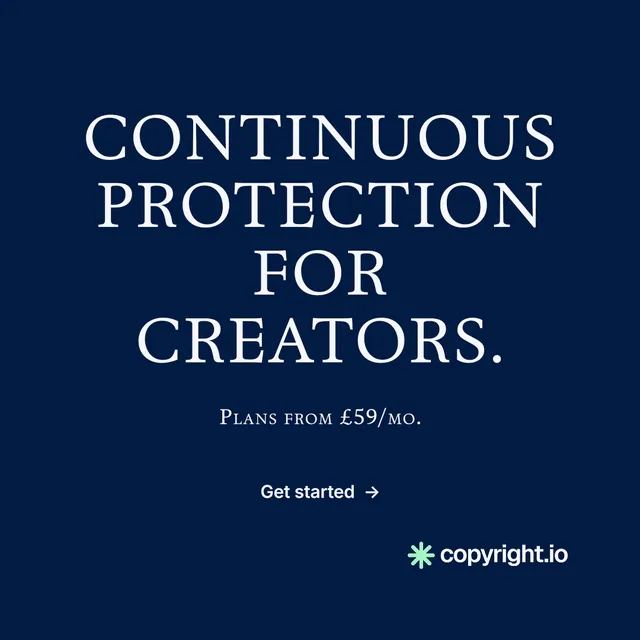 Instagram post for copyright.io: "Continuous protection for creators." Editorial style, smallcaps layout, dark palette in blue.