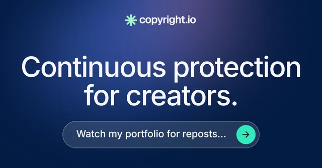 Social ad for copyright.io: "Continuous protection for creators." Agentic glass style, skeleton layout, dark palette in blue.