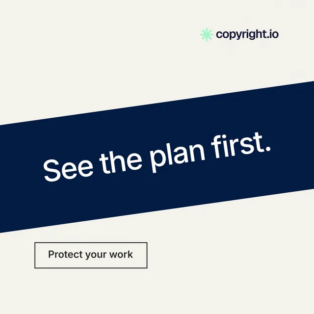 Instagram post for copyright.io: "See the plan first." Editorial style, diagonal layout, light palette in white, blue.