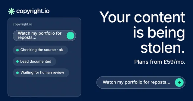 Social ad for copyright.io: "Your content is being stolen." Agentic glass style, right layout, dark palette in blue.