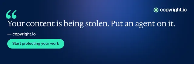 X header for copyright.io: "Evidence, documented." Y2K style, quote layout, dark palette in blue.