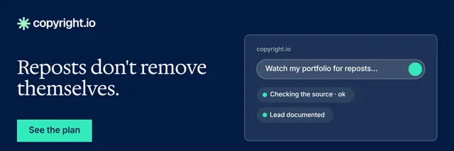 X header for copyright.io: "Reposts don't remove themselves." Split block style, bottom layout, dark palette in blue.