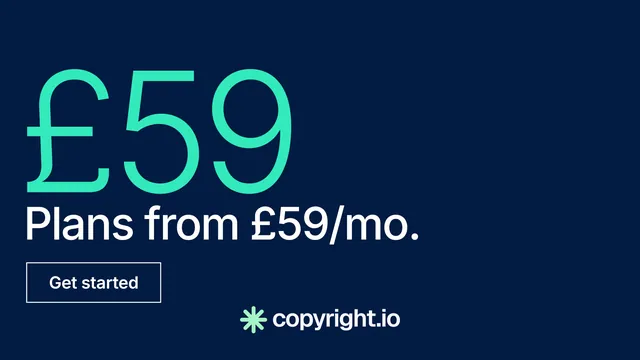 Landscape graphic for copyright.io: "See the plan first." Editorial style, stat layout, dark palette in blue, teal.
