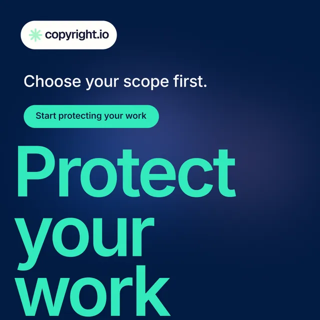 Instagram post for copyright.io: "Reposts don't remove themselves." Y2K style, oversized layout, dark palette in blue, teal.