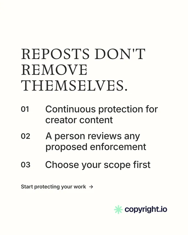 Instagram portrait post for copyright.io: "Reposts don't remove themselves." Minimal luxury style, numbered layout, light palette in white.