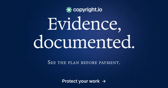 Social ad for copyright.io: "Evidence, documented." Agentic glass style, smallcaps layout, dark palette in blue.