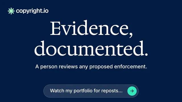Landscape graphic for copyright.io: "Evidence, documented." Agentic glass style, centred layout, dark palette in blue.