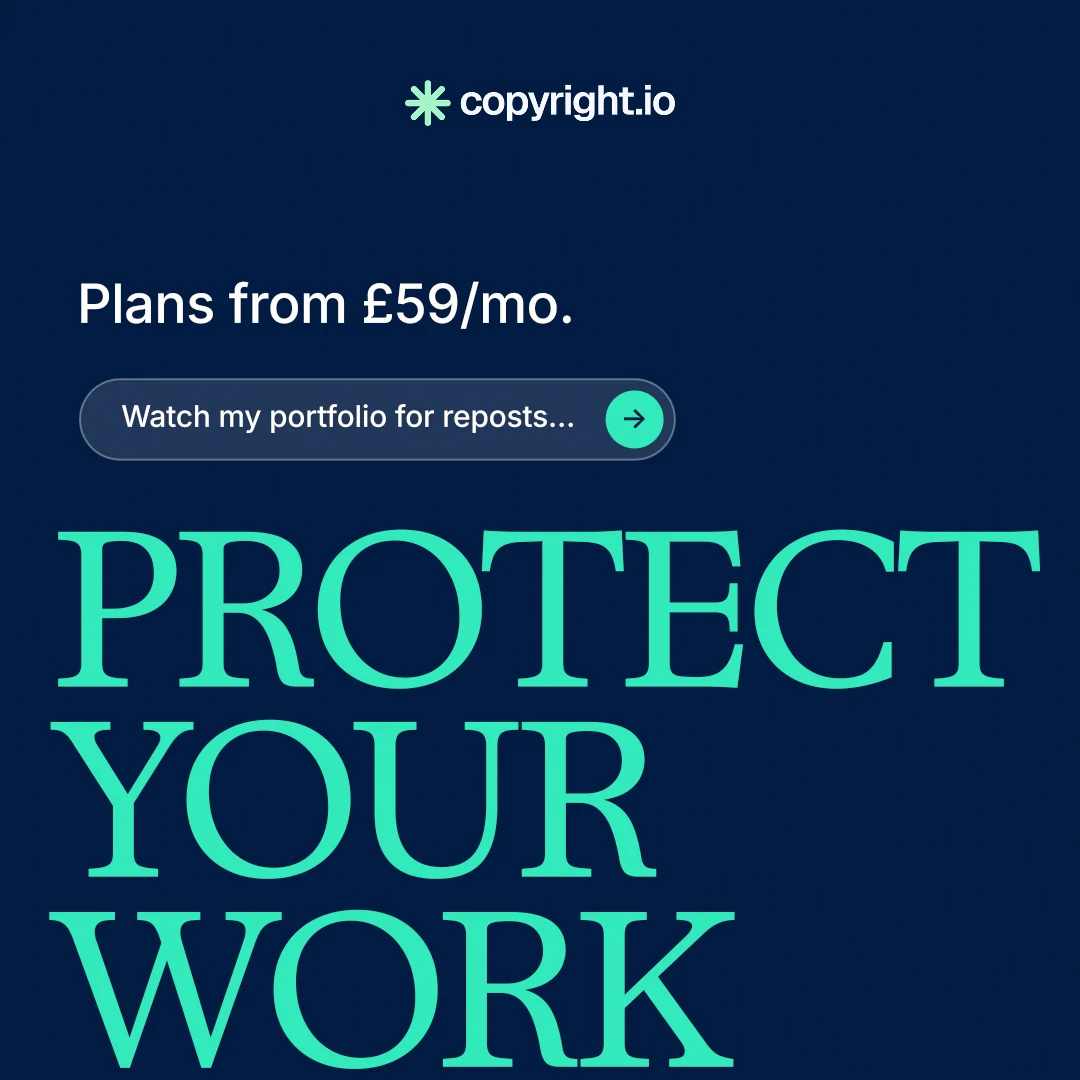 Instagram post for copyright.io: "Protect your work." Agentic glass style, oversized layout, dark palette in blue, teal.