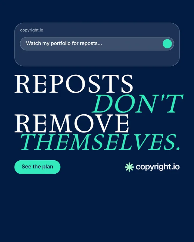 Instagram portrait post for copyright.io: "Reposts don't remove themselves." Y2K style, stacked layout, dark palette in blue.
