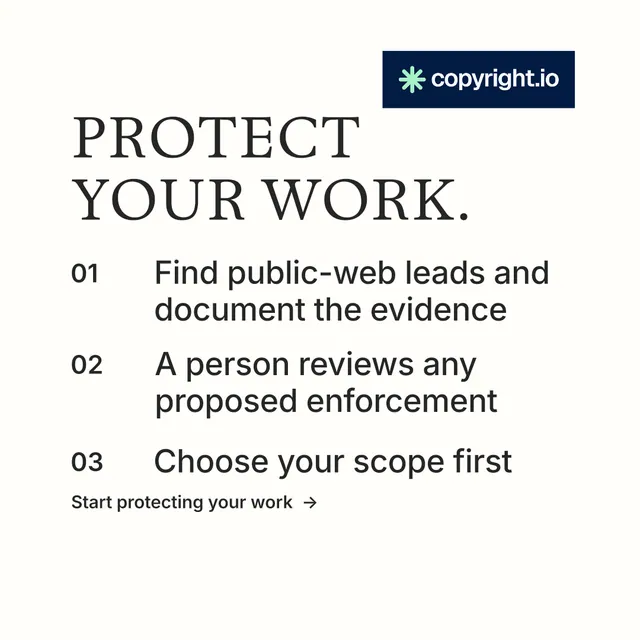 Instagram post for copyright.io: "Protect your work." Minimal luxury style, numbered layout, light palette in white, grey.