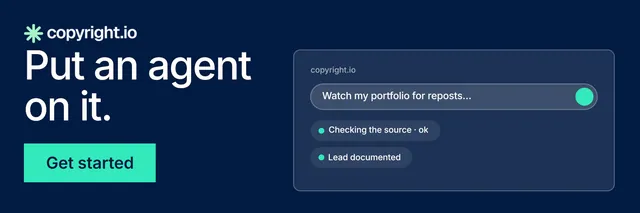 X header for copyright.io: "Put an agent on it." Swiss style, skeleton layout, dark palette in blue.
