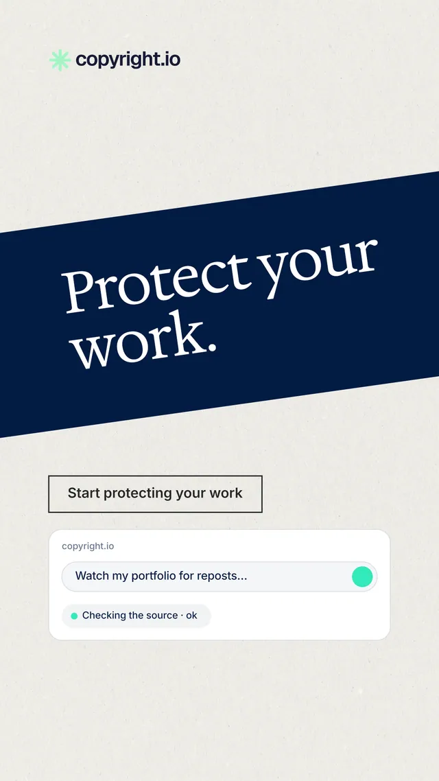 Instagram story for copyright.io: "Protect your work." Editorial style, diagonal layout, light palette in white, blue.