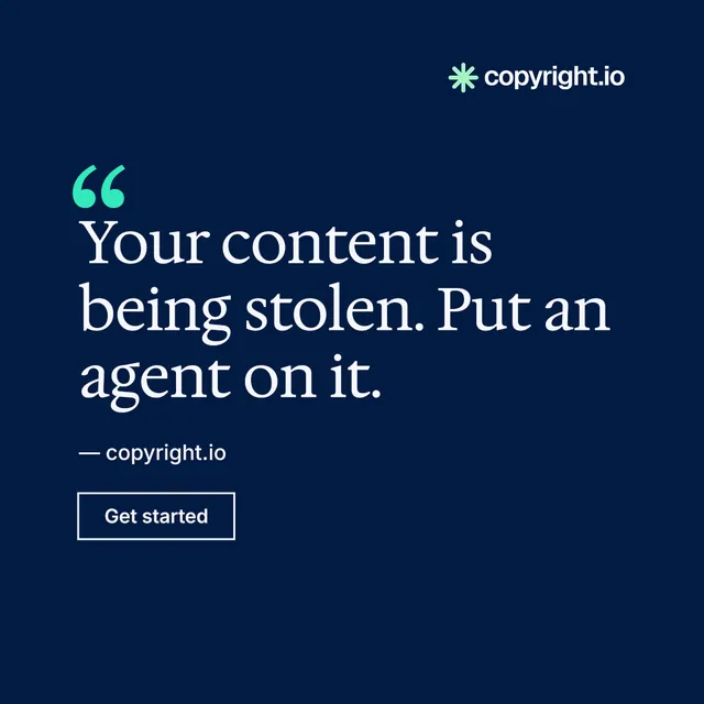 Instagram post for copyright.io: "Protect your work." Editorial style, quote layout, dark palette in blue.