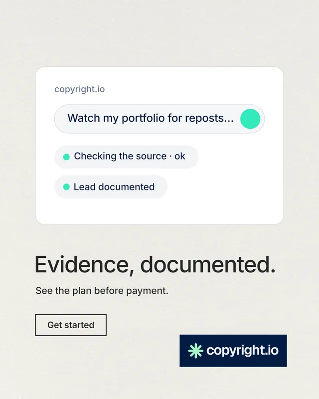 Instagram portrait post for copyright.io: "Evidence, documented." Editorial style, bottom layout, light palette in white, grey.