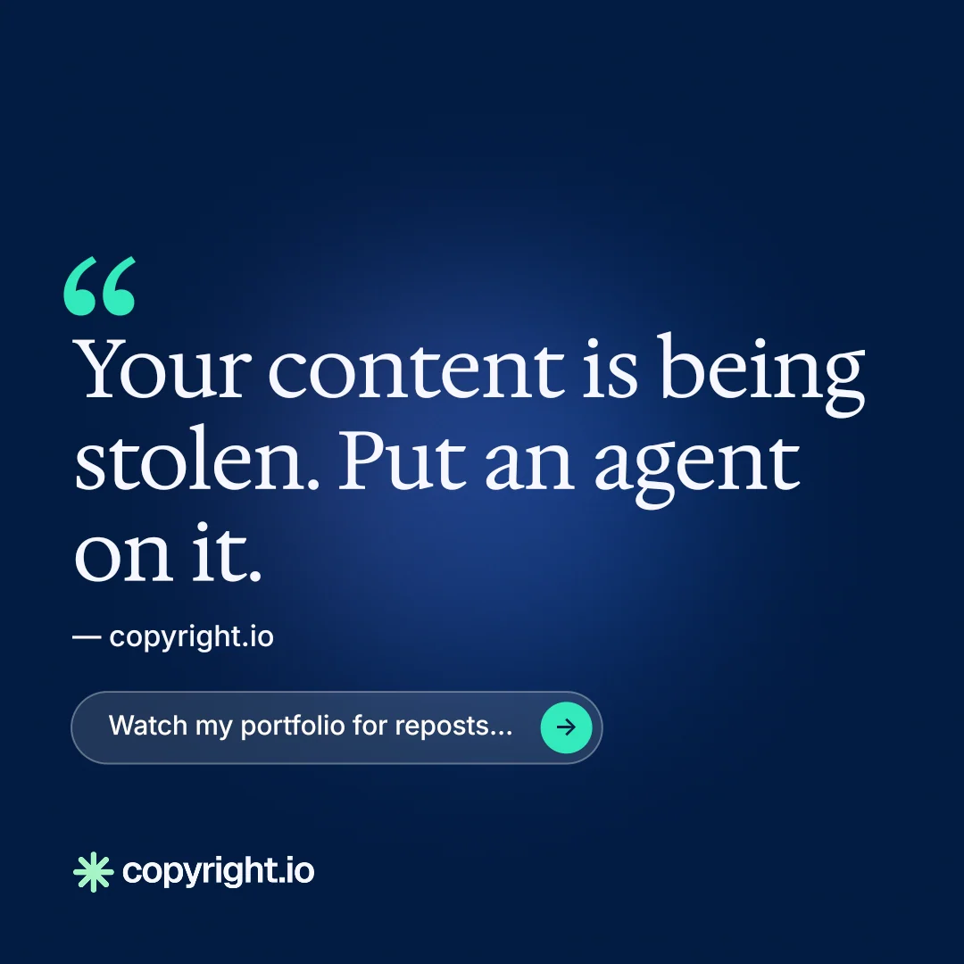 Instagram post for copyright.io: "Reposts don't remove themselves." Agentic glass style, quote layout, dark palette in blue.