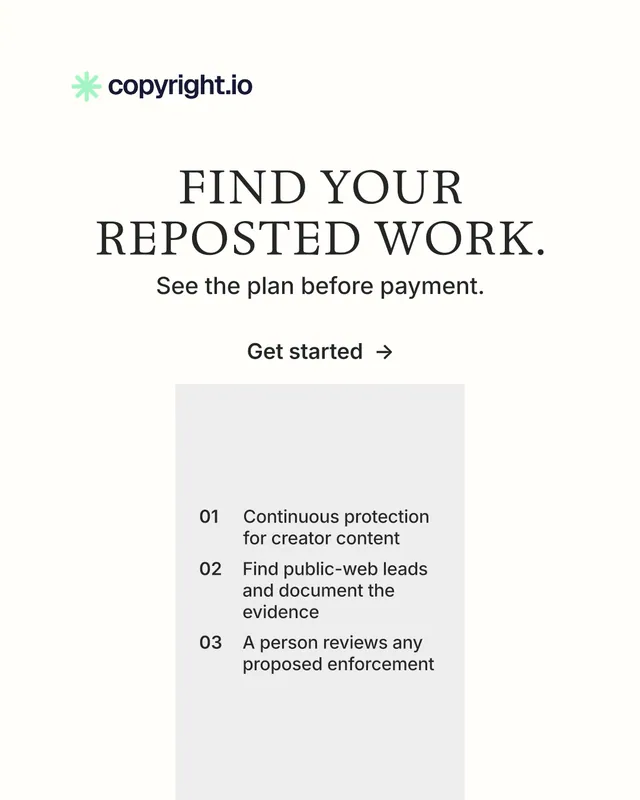 Instagram portrait post for copyright.io: "Find your reposted work." Minimal luxury style, skeleton layout, light palette in white.