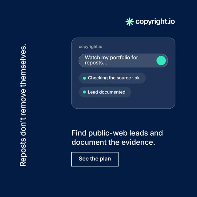 Instagram post for copyright.io: "Reposts don't remove themselves." Editorial style, vertical layout, dark palette in blue.
