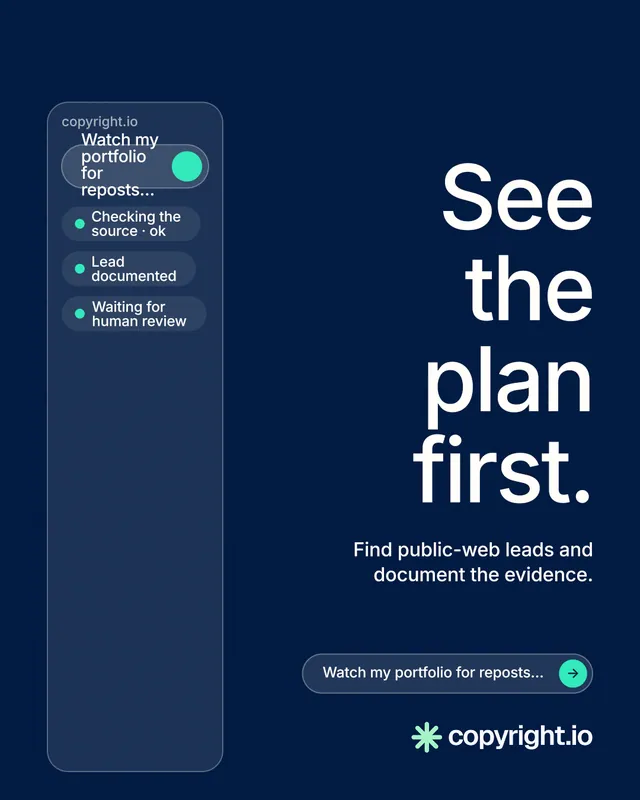Instagram portrait post for copyright.io: "See the plan first." Agentic glass style, right layout, dark palette in blue.
