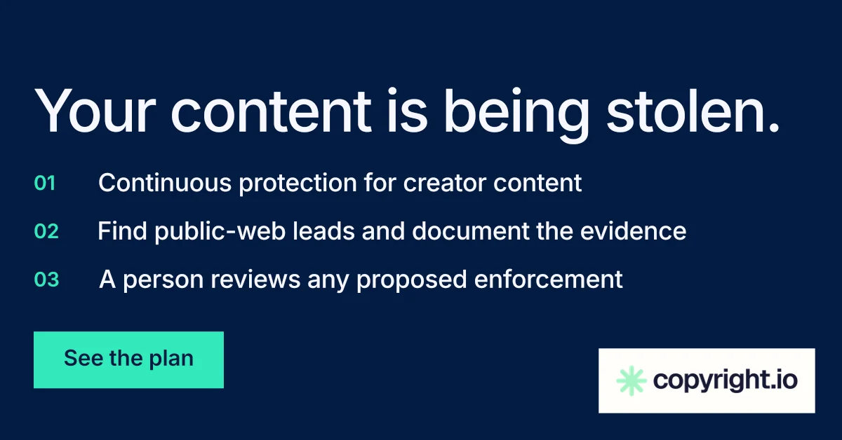 Social ad for copyright.io: "Your content is being stolen." Split block style, numbered layout, dark palette in blue.