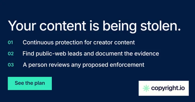Social ad for copyright.io: "Your content is being stolen." Split block style, numbered layout, dark palette in blue.