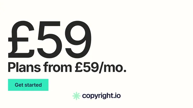 Landscape graphic for copyright.io: "Continuous protection for creators." Swiss style, stat layout, light palette in white, grey.