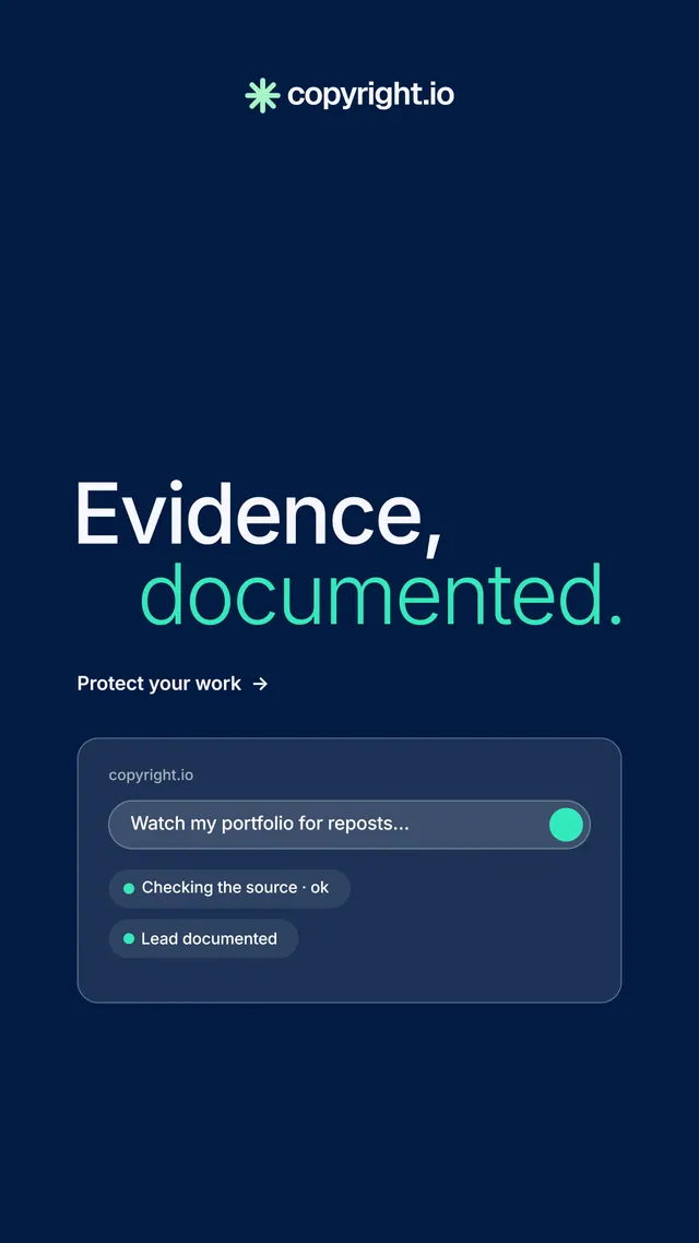 Instagram story for copyright.io: "Evidence, documented." Minimal luxury style, stacked layout, dark palette in blue.