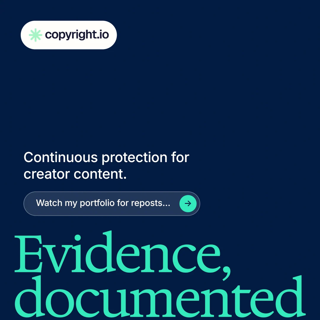 Instagram post for copyright.io: "Put an agent on it." Agentic glass style, oversized layout, dark palette in blue, teal.