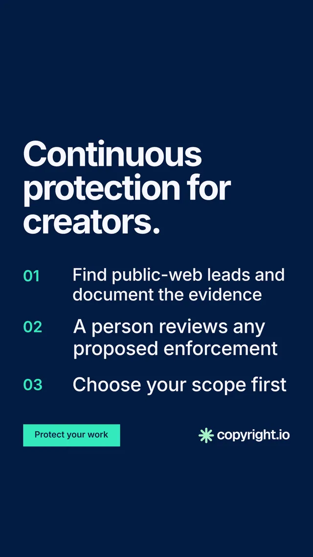 Instagram story for copyright.io: "Continuous protection for creators." Swiss style, numbered layout, dark palette in blue.