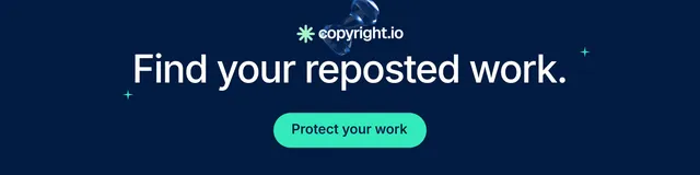 LinkedIn banner for copyright.io: "Find your reposted work." Y2K style, skeleton layout, dark palette in blue, teal.