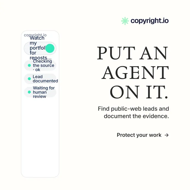 Instagram post for copyright.io: "Put an agent on it." Minimal luxury style, right layout, light palette in white.