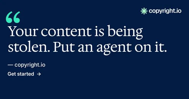 Social ad for copyright.io: "Put an agent on it." Minimal luxury style, quote layout, dark palette in blue.